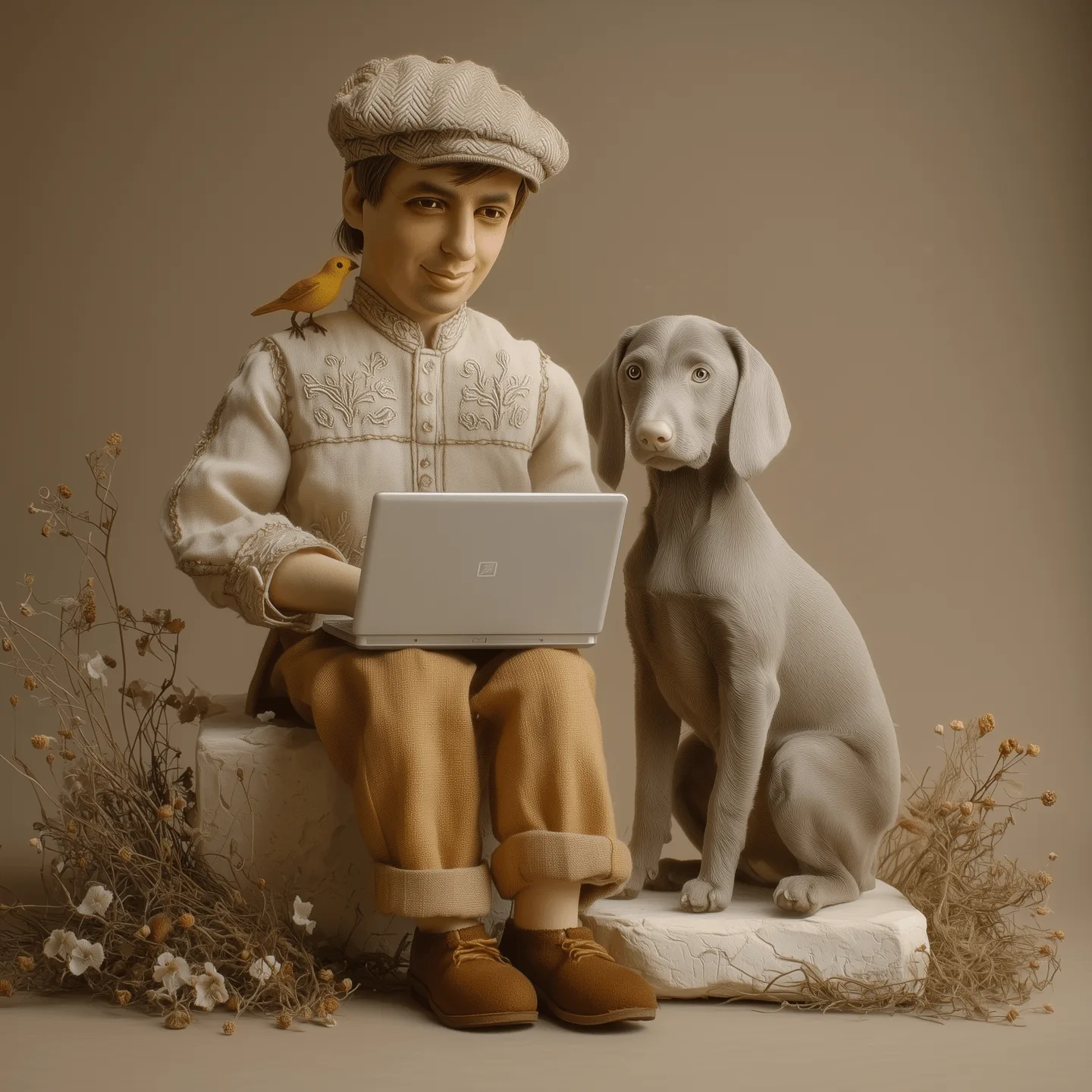 A felt and clay figurine of Dmitriy: a laptop on his lap, a yellow canary on his shoulder, a grey dog sitting beside him
